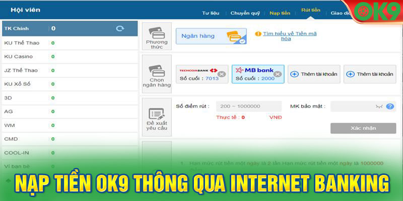 Nạp tiền Ok9 thông qua internet banking